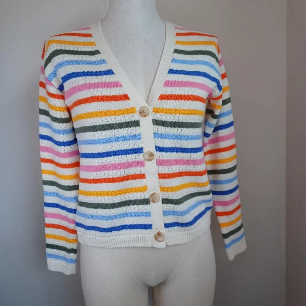 Talbots Sweater Multi Stripe Cardigan V Neck Button Front Womens‎ Petite